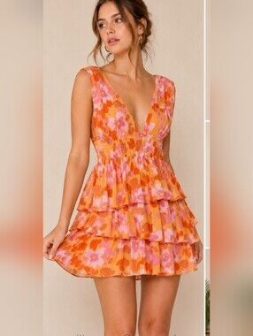 NWT Shop Neighborhood By In The Beginning Orange Floral Open Back Mini Dress. LG